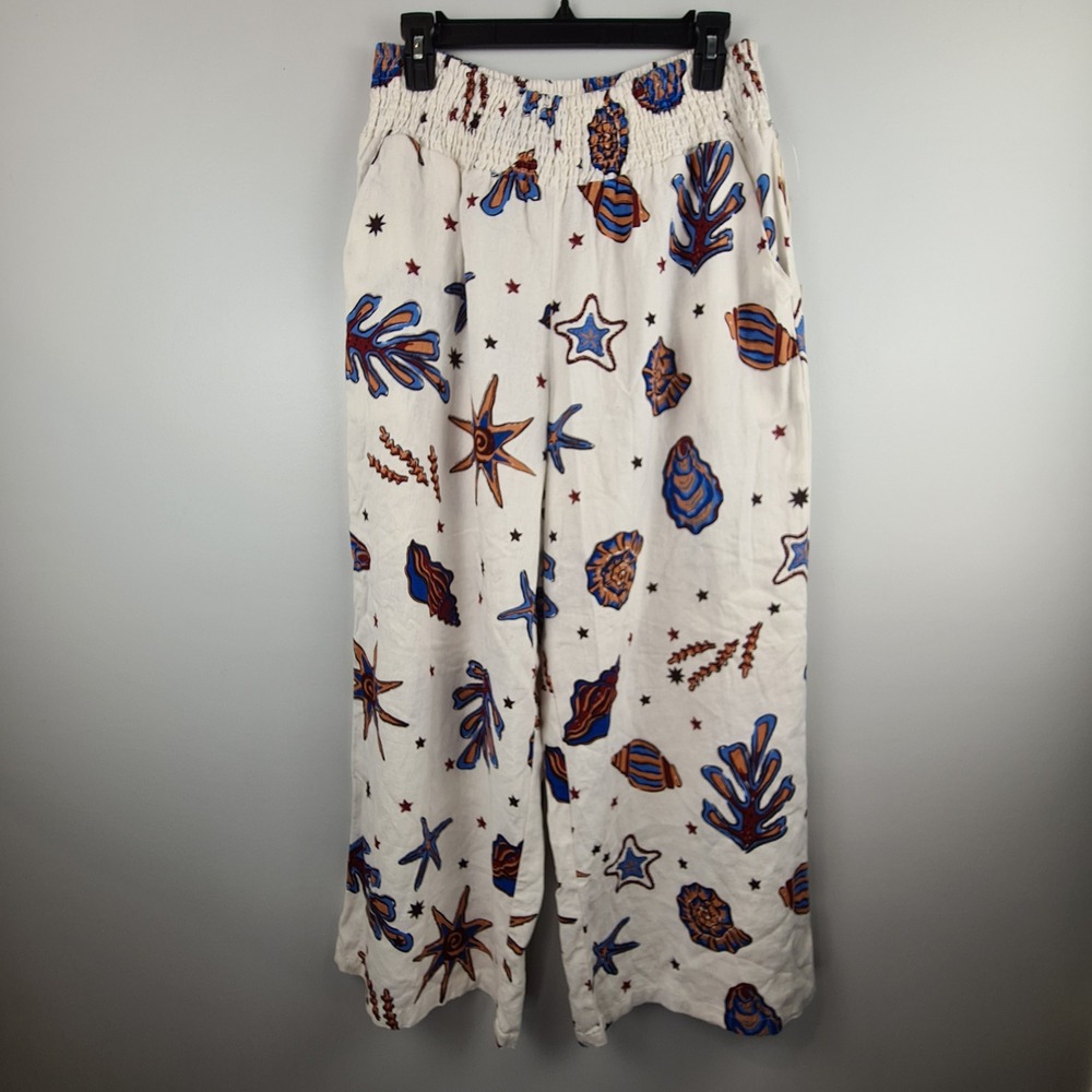 C&C California Linen Blend Sea Shell Starfish Wide Leg Crop Pants Womens XL NEW